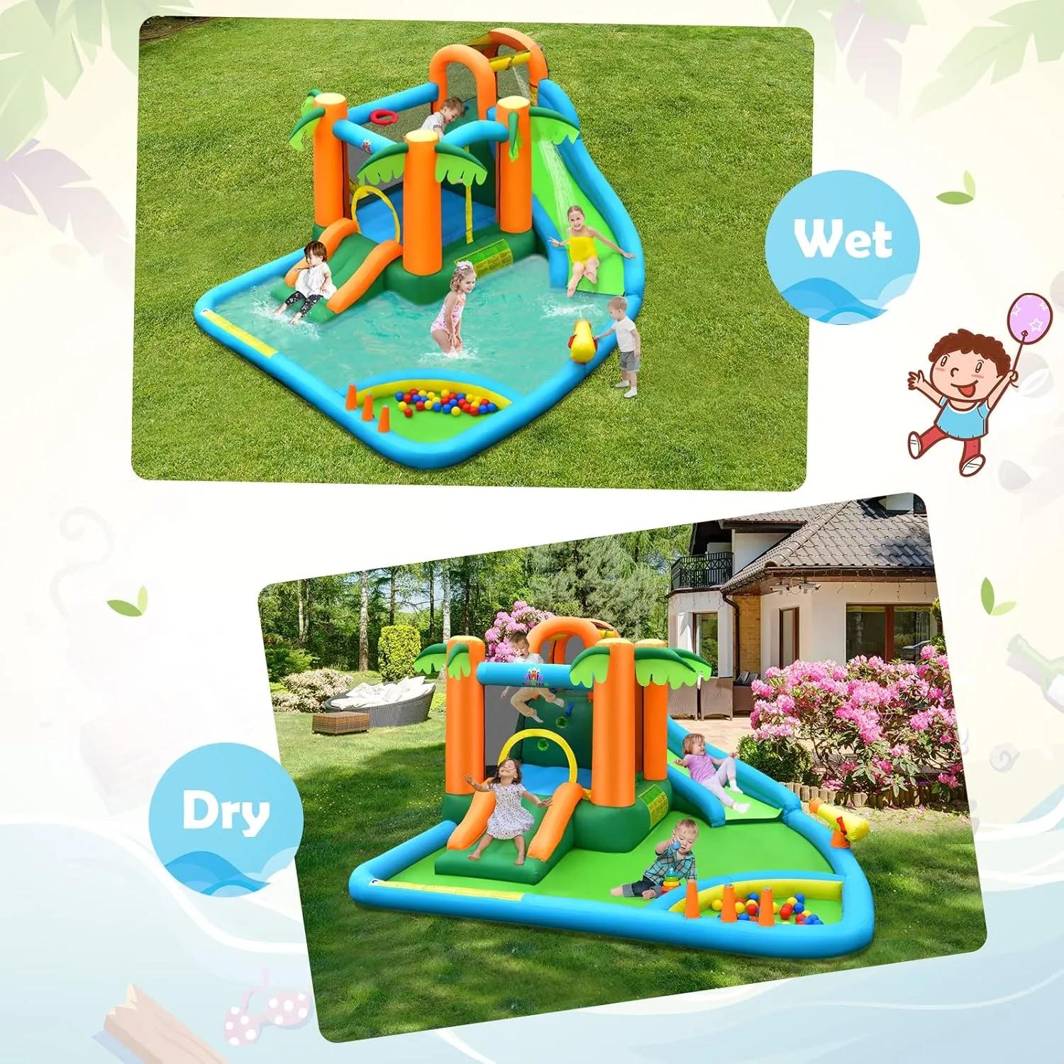 HONEY JOY Inflatable Water Slide, 7 in 1 Giant Water Park Bouncy House for Outdoor Backyard, Climbing Wall, Jungle Outdoor Blow up Water Slides Inflatables for Kids and Adults(with 780w Blower)