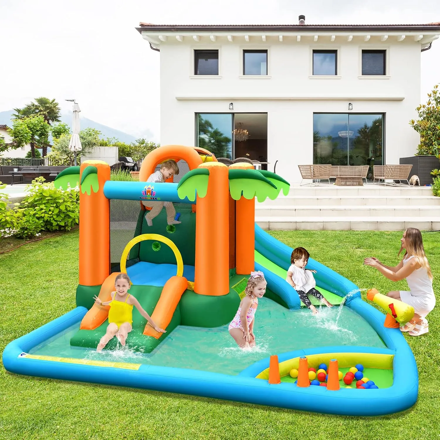 HONEY JOY Inflatable Water Slide, 7 in 1 Giant Water Park Bouncy House for Outdoor Backyard, Climbing Wall, Jungle Outdoor Blow up Water Slides Inflatables for Kids and Adults(with 780w Blower)