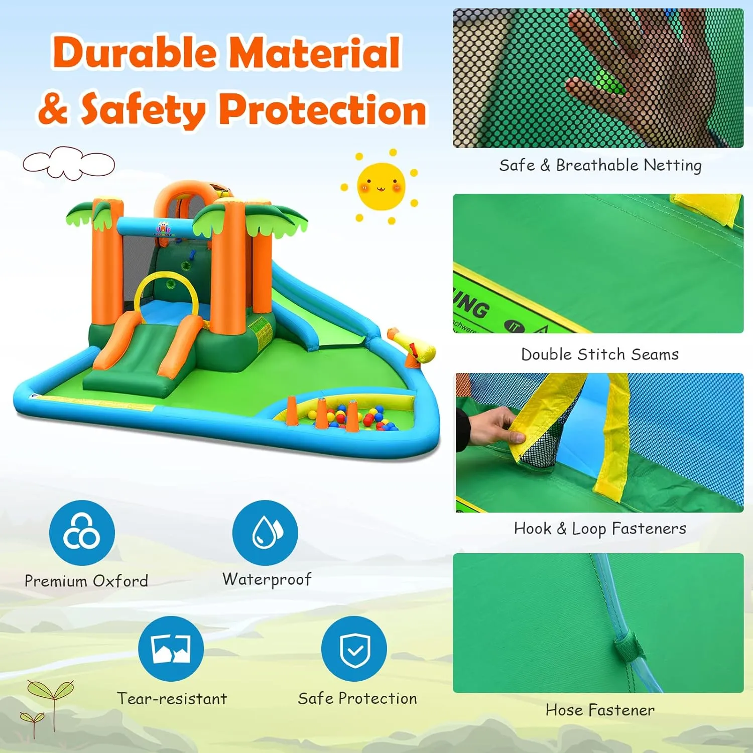 HONEY JOY Inflatable Water Slide, 7 in 1 Giant Water Park Bouncy House for Outdoor Backyard, Climbing Wall, Jungle Outdoor Blow up Water Slides Inflatables for Kids and Adults(with 780w Blower)