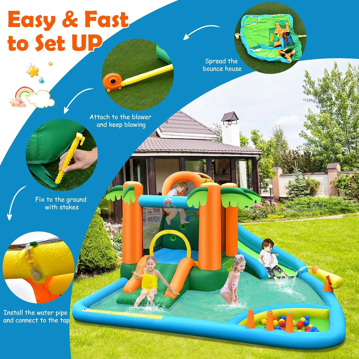 HONEY JOY Inflatable Water Slide, 7 in 1 Giant Water Park Bouncy House for Outdoor Backyard, Climbing Wall, Jungle Outdoor Blow up Water Slides Inflatables for Kids and Adults(with 780w Blower)