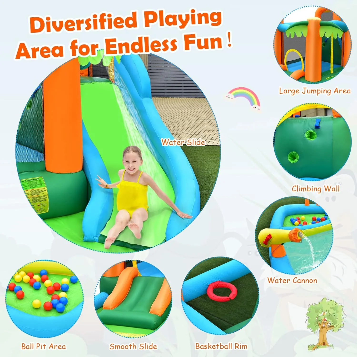 HONEY JOY Inflatable Water Slide, 7 in 1 Giant Water Park Bouncy House for Outdoor Backyard, Climbing Wall, Jungle Outdoor Blow up Water Slides Inflatables for Kids and Adults(with 780w Blower)