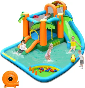 HONEY JOY Inflatable Water Slide, 7 in 1 Giant Water Park Bouncy House for Outdoor Backyard, Climbing Wall, Jungle Outdoor Blow up Water Slides Inflatables for Kids and Adults(with 780w Blower)