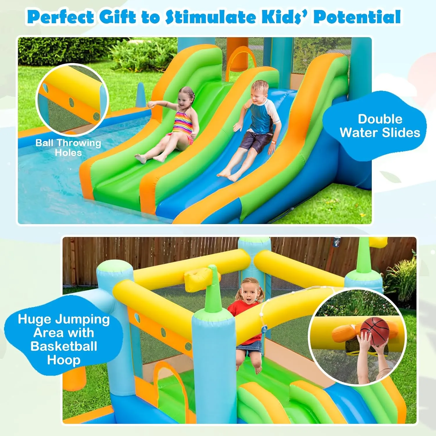 HONEY JOY Inflatable Water Slide, Giant Water Bounce House for Kids Backyard, GFCI 750W Blower, Toddler Indoor Outdoor Blow up Jump Castle Waterslides Inflatables for Boys Girls