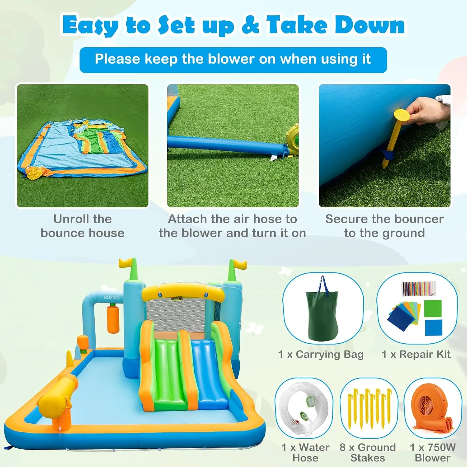 HONEY JOY Inflatable Water Slide, Giant Water Bounce House for Kids Backyard, GFCI 750W Blower, Toddler Indoor Outdoor Blow up Jump Castle Waterslides Inflatables for Boys Girls