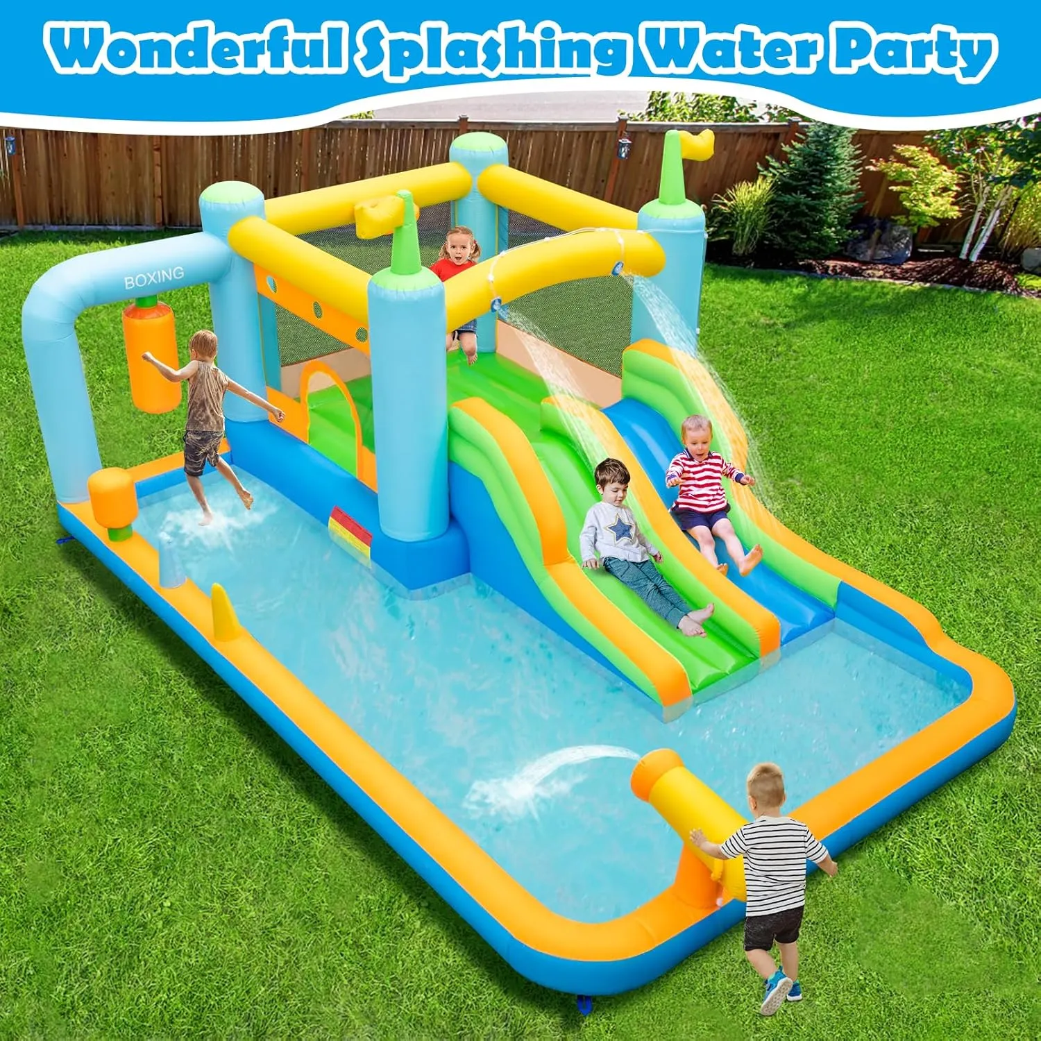 HONEY JOY Inflatable Water Slide, Giant Water Bounce House for Kids Backyard, GFCI 750W Blower, Toddler Indoor Outdoor Blow up Jump Castle Waterslides Inflatables for Boys Girls