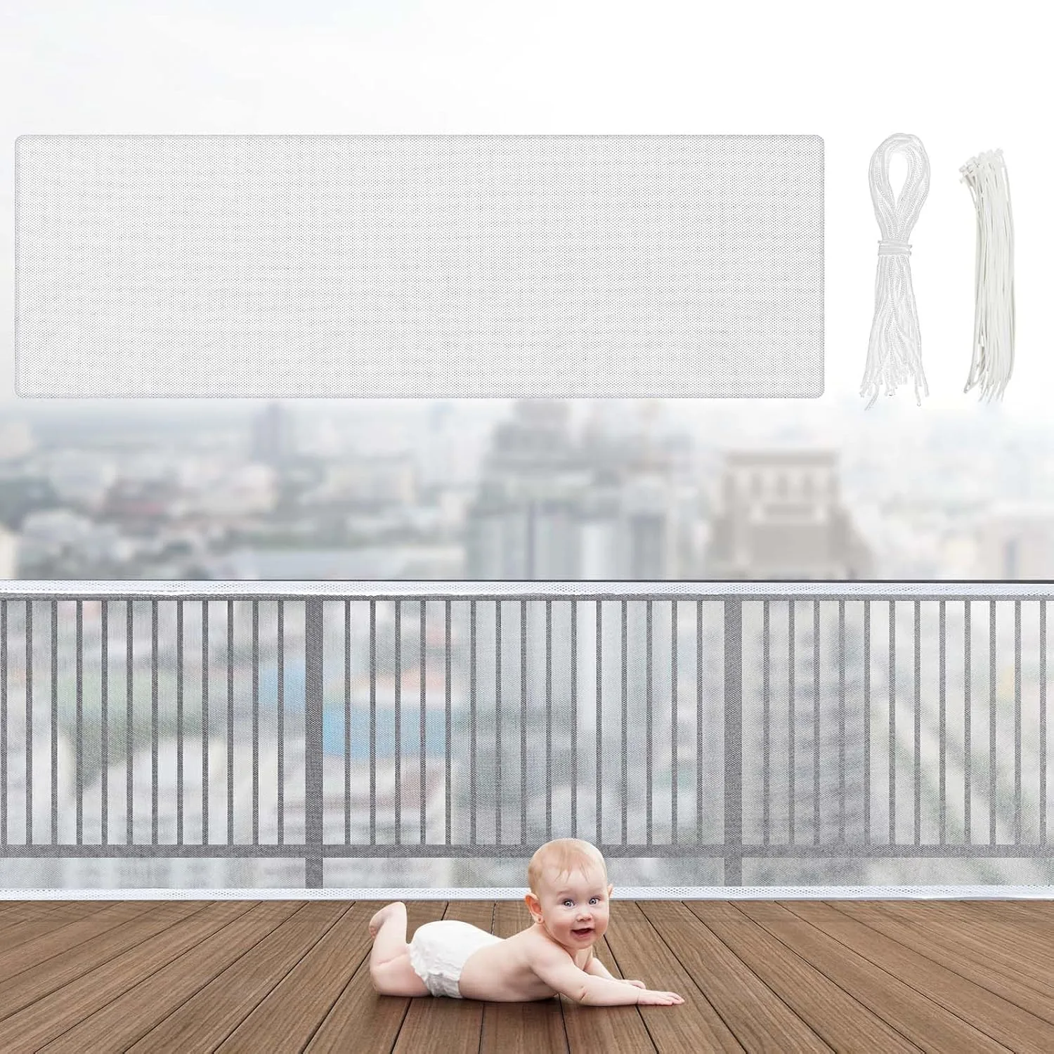 Hosuly Banister Guard 15 x 3 ft Balcony Netting for Kids Pets Stairway Safety Net Baby Fence Door Balcony Netting Safety Mesh Stair Net with No Drilling for Apartment Railing (White)