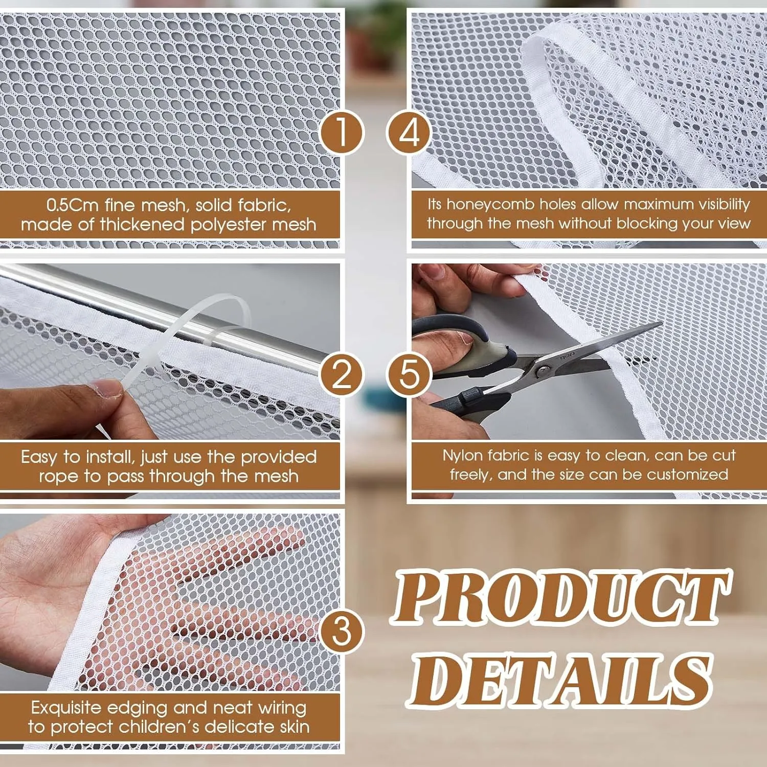 Hosuly Banister Guard 15 x 3 ft Balcony Netting for Kids Pets Stairway Safety Net Baby Fence Door Balcony Netting Safety Mesh Stair Net with No Drilling for Apartment Railing (White)