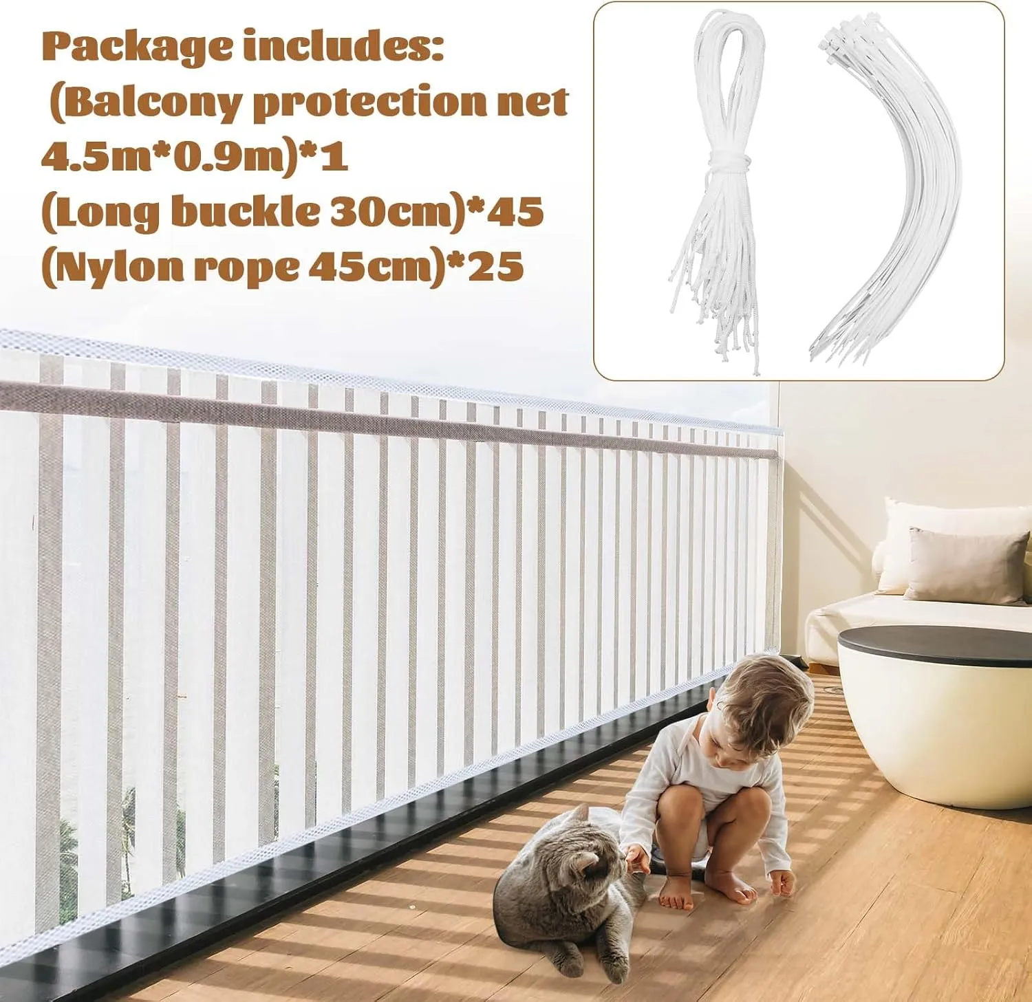 Hosuly Banister Guard 15 x 3 ft Balcony Netting for Kids Pets Stairway Safety Net Baby Fence Door Balcony Netting Safety Mesh Stair Net with No Drilling for Apartment Railing (White)