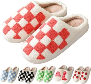 House Slippers for Women Men, Plush Warm Fuzzy Slippers, Cozy Memory Foam Checkered Slippers, Bedroom Indoor Outdoor Slip on Plaid Shoes with Fur