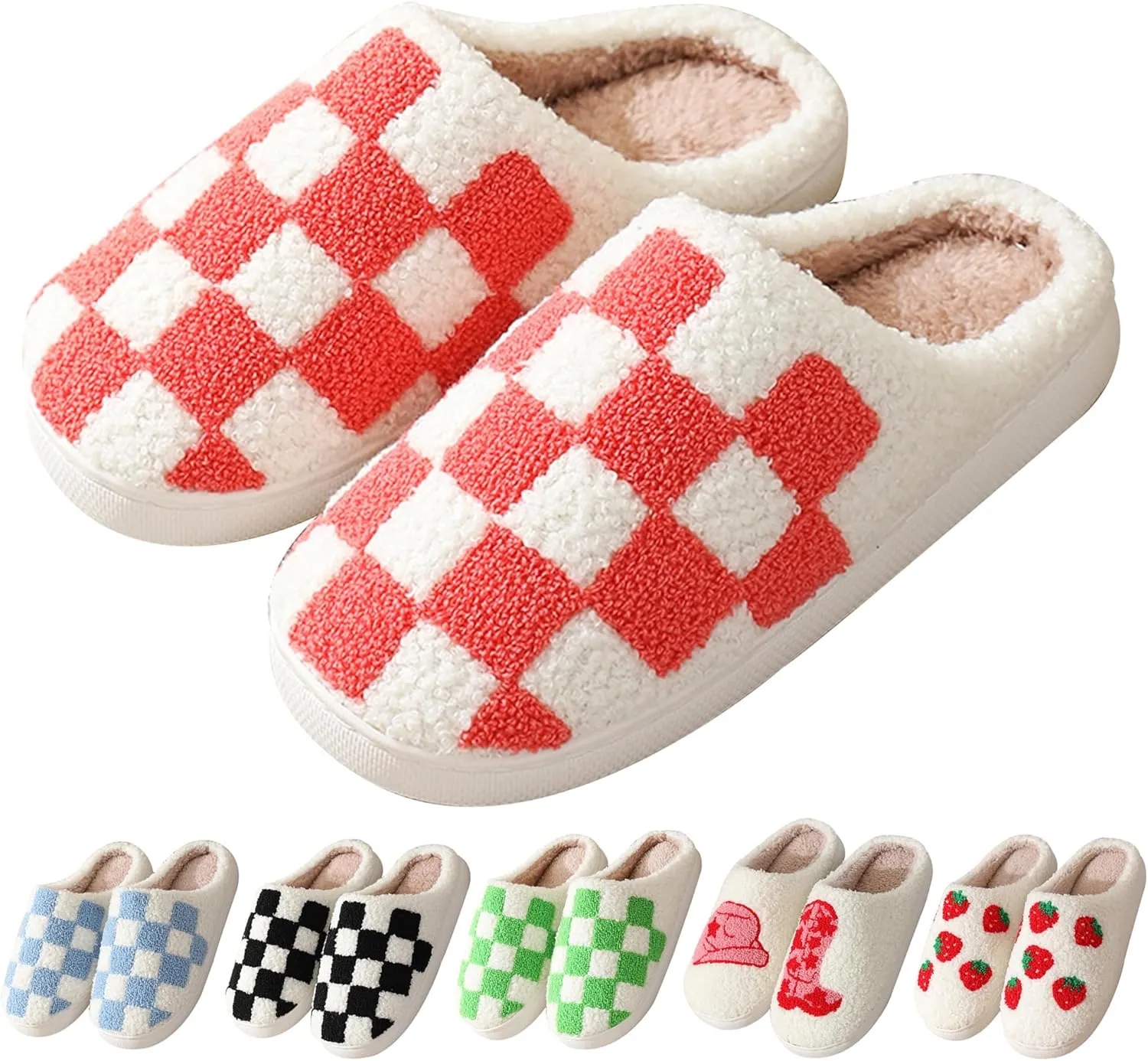 House Slippers for Women Men, Plush Warm Fuzzy Slippers, Cozy Memory Foam Checkered Slippers, Bedroom Indoor Outdoor Slip on Plaid Shoes with Fur