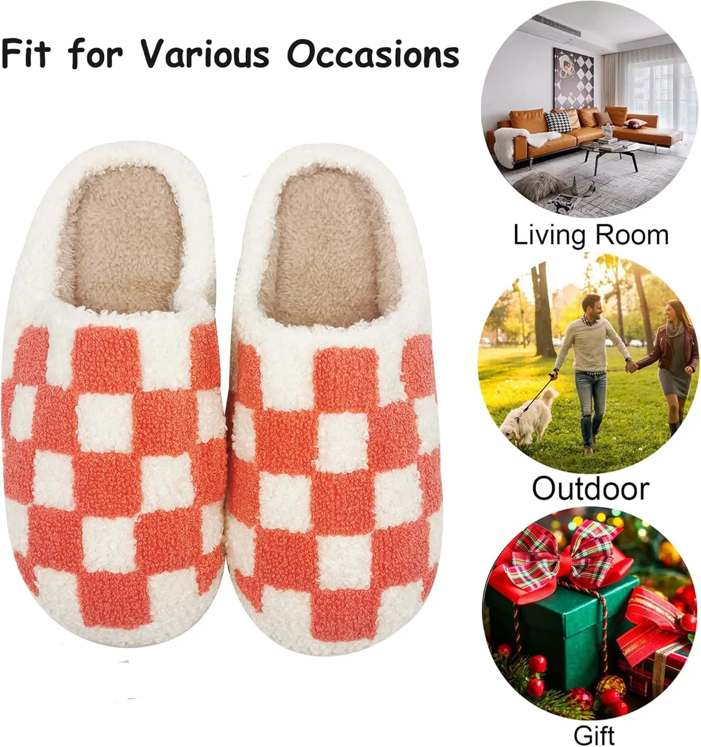 House Slippers for Women Men, Plush Warm Fuzzy Slippers, Cozy Memory Foam Checkered Slippers, Bedroom Indoor Outdoor Slip on Plaid Shoes with Fur