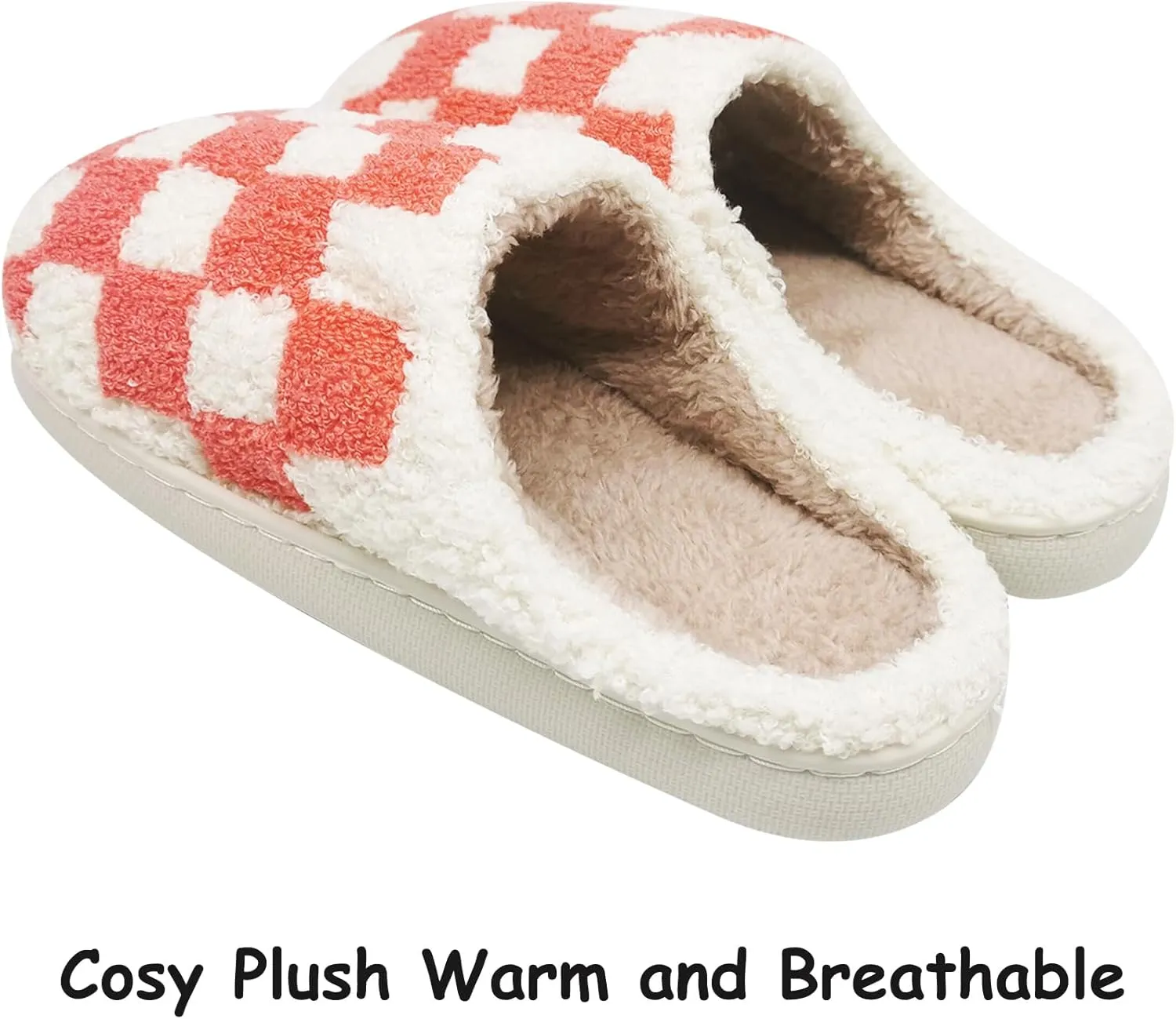 House Slippers for Women Men, Plush Warm Fuzzy Slippers, Cozy Memory Foam Checkered Slippers, Bedroom Indoor Outdoor Slip on Plaid Shoes with Fur