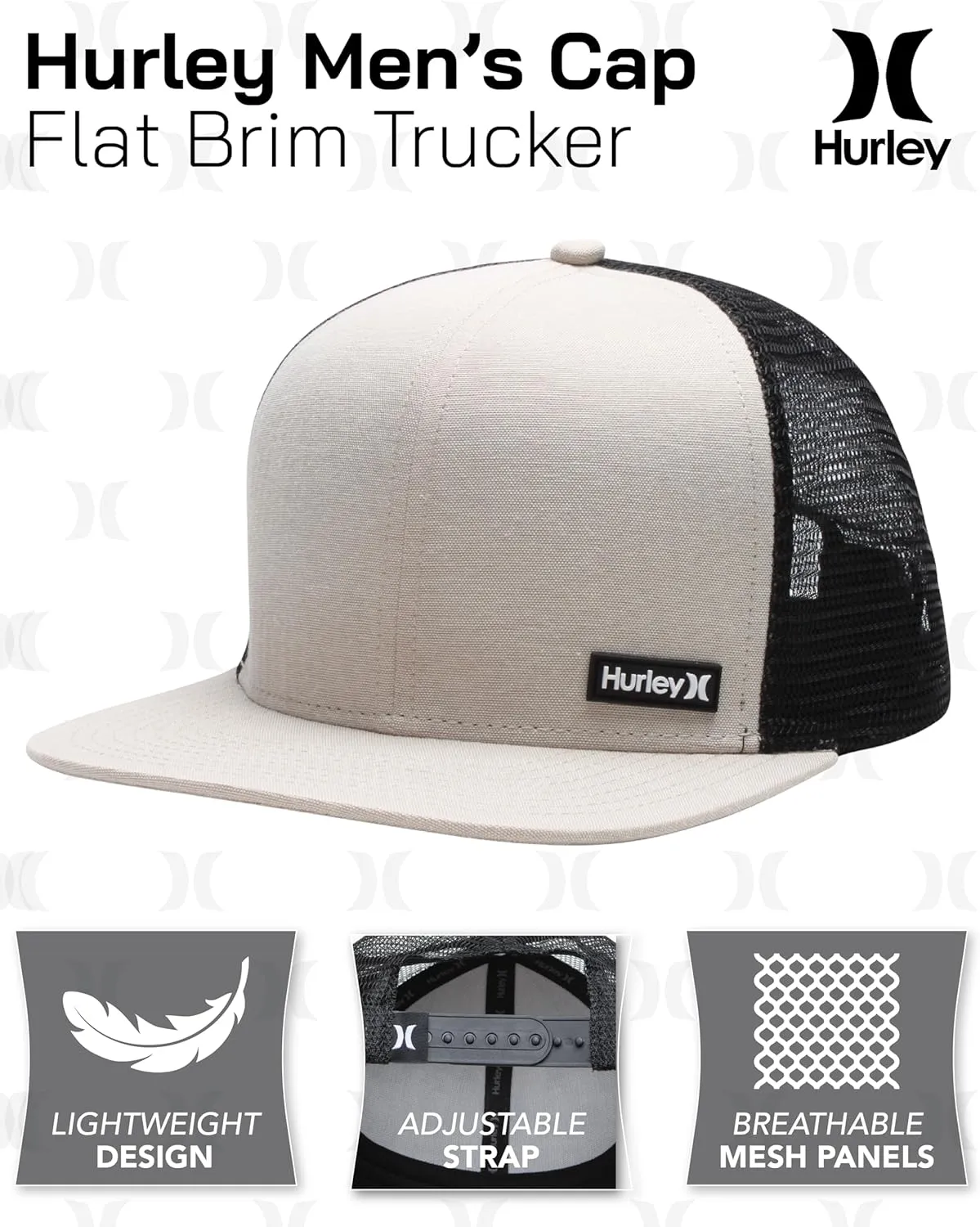 Hurley Men's Caps - Flat Brim Mesh Panel Baseball Cap Trucker Hat - Snap Back Hats for Men