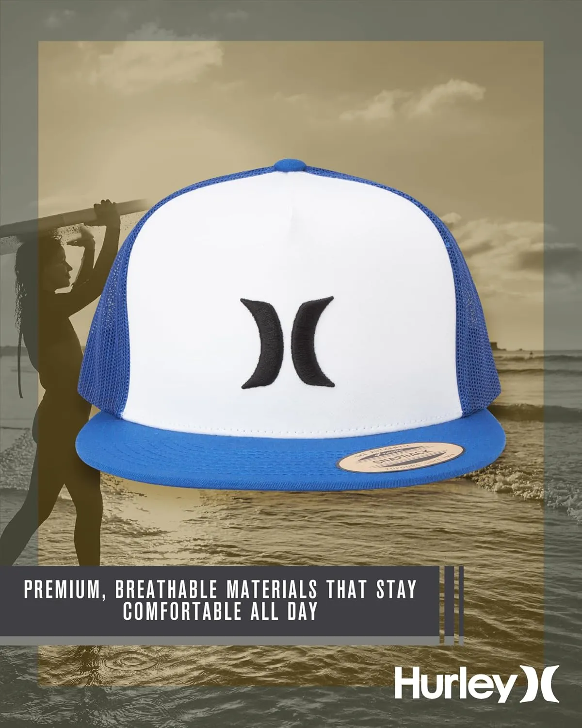 Hurley Men's Caps - Flat Brim Mesh Panel Baseball Cap Trucker Hat - Snap Back Hats for Men