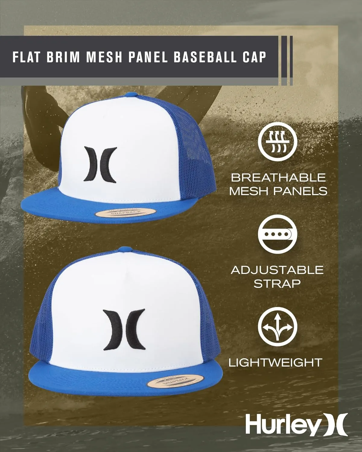 Hurley Men's Caps - Flat Brim Mesh Panel Baseball Cap Trucker Hat - Snap Back Hats for Men