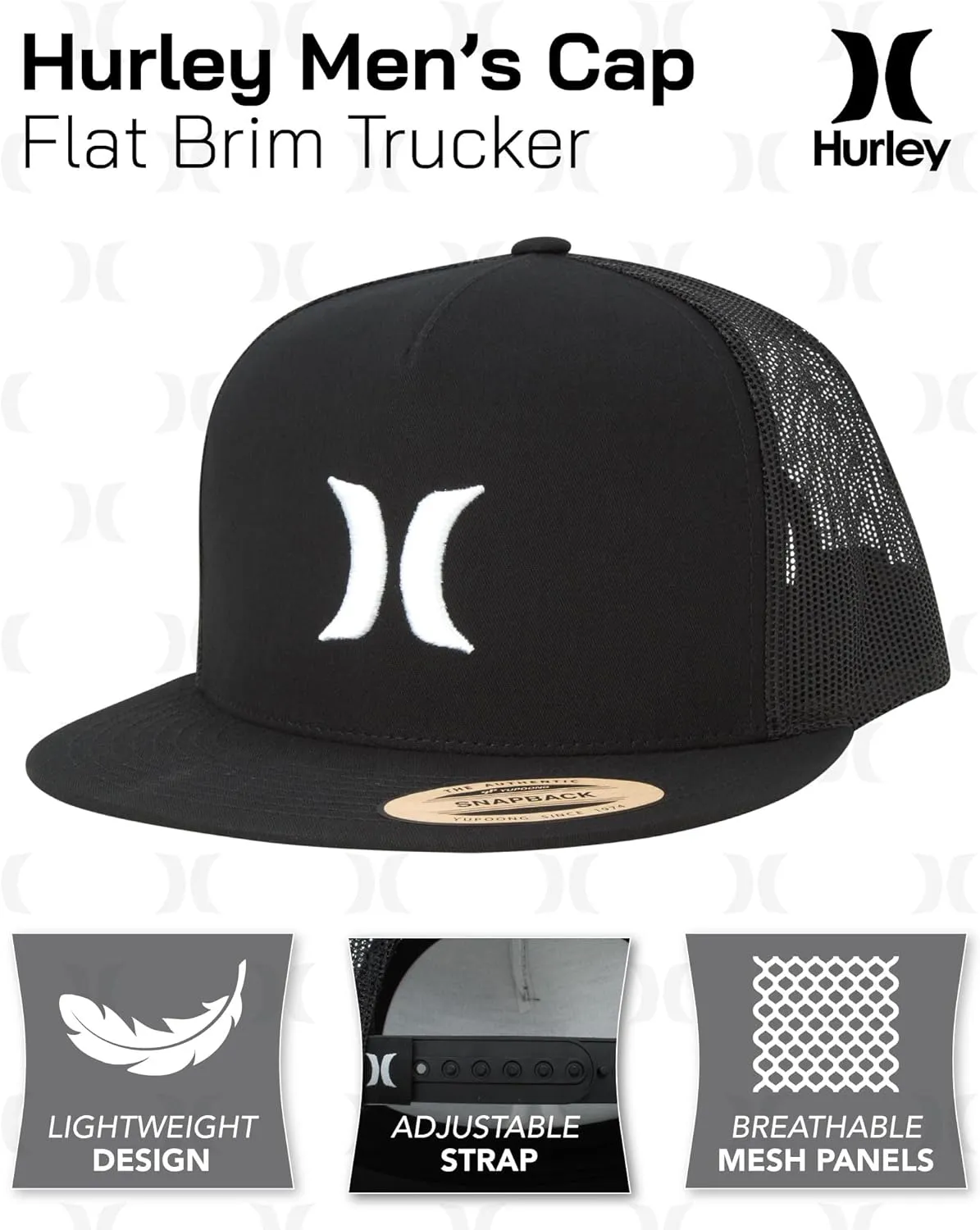 Hurley Men's Caps - Flat Brim Mesh Panel Baseball Cap Trucker Hat - Snap Back Hats for Men