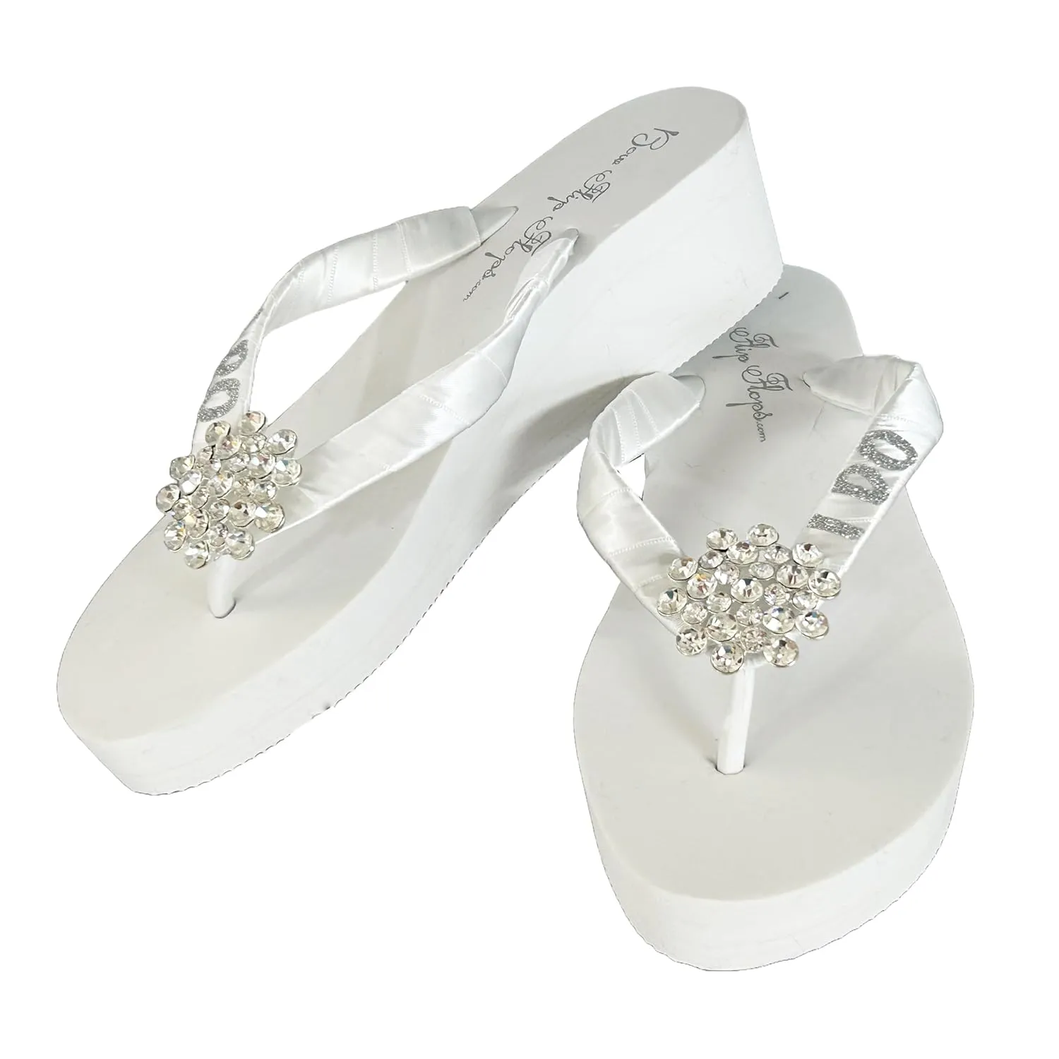 I Do Glitter Jewel and Satin Ribbon Flip Flop Sandals for Rhinestone White Wedding Shoes, Bridal Party