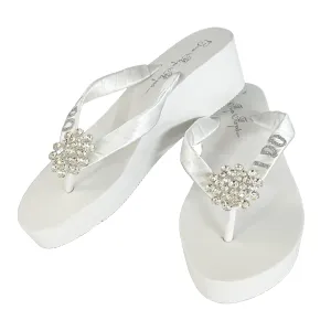 I Do Glitter Jewel and Satin Ribbon Flip Flop Sandals for Rhinestone White Wedding Shoes, Bridal Party