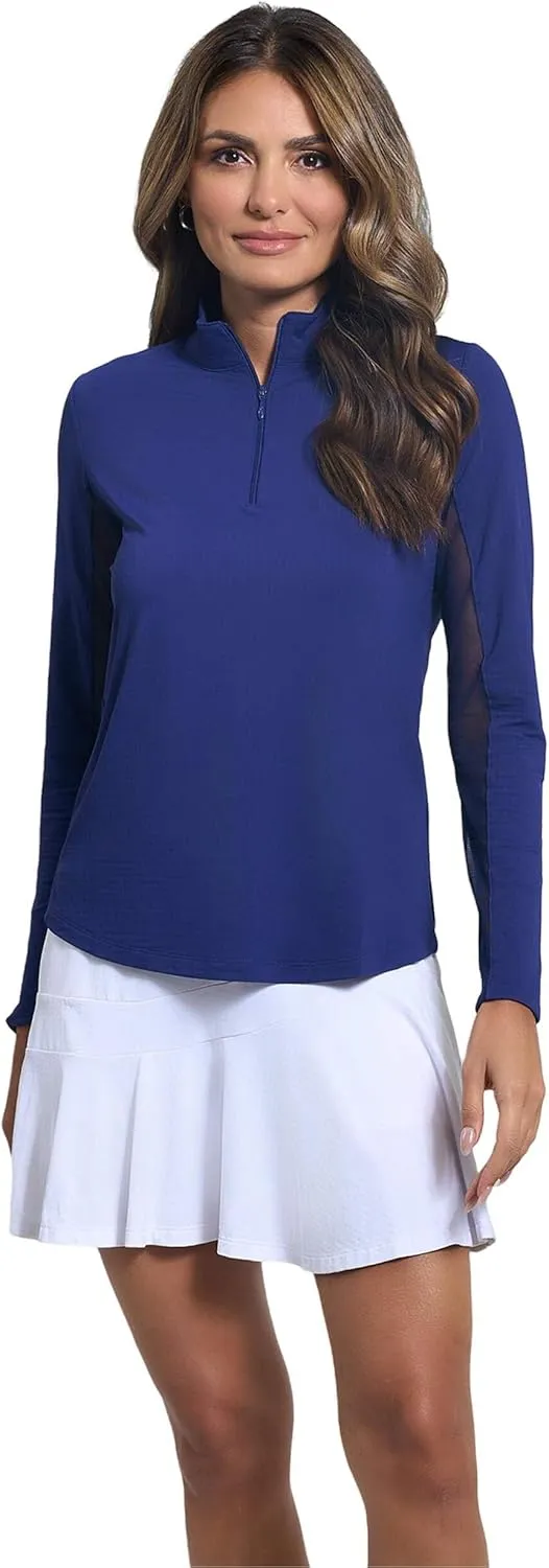 IBKUL Women's Solid Long Sleeve 1/4-zip Mock Neck Shirt