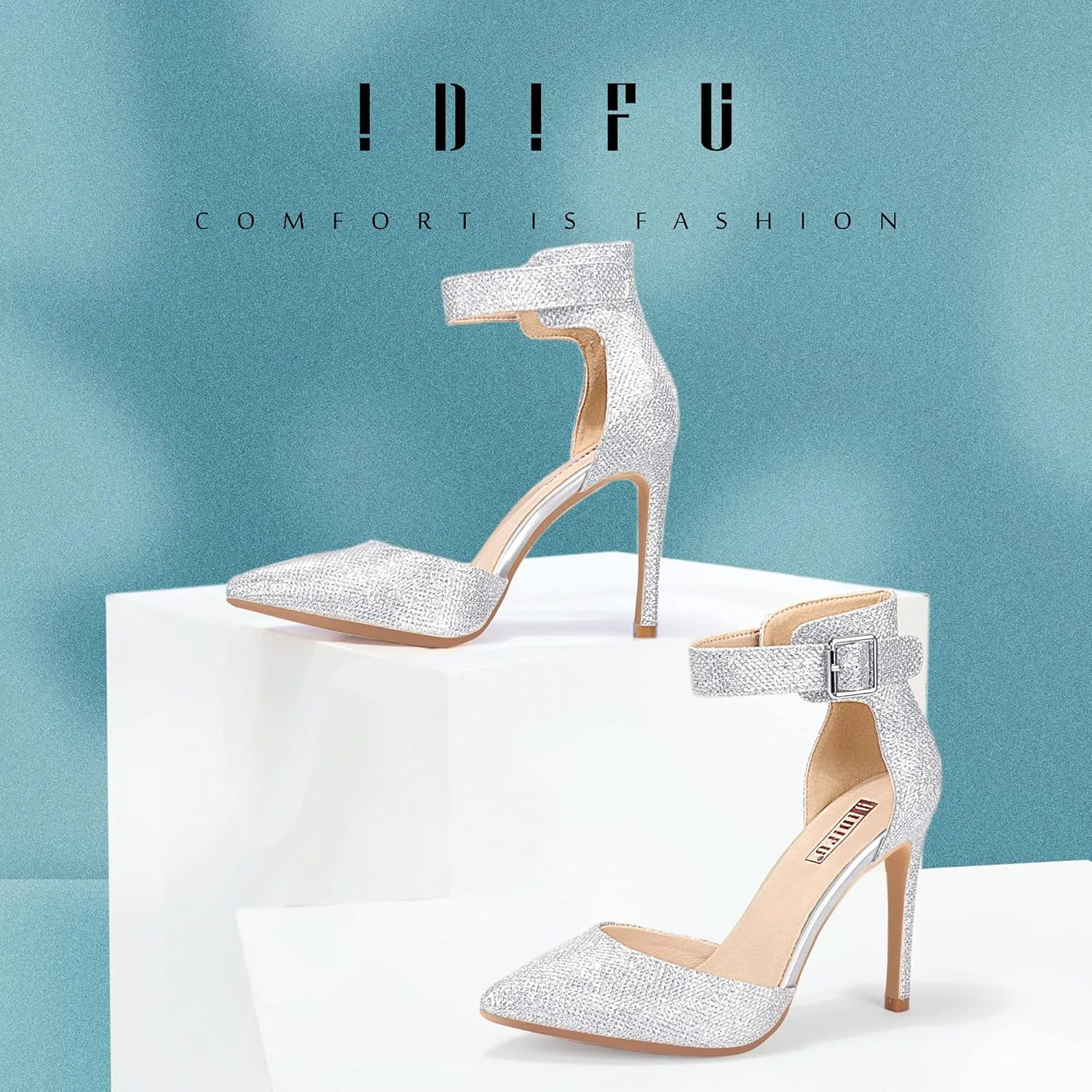 IDIFU Women's IN4 Pedazo High Block Heels Pumps Pointed Closed Toe Ankle Strap Dress Wedding Shoes