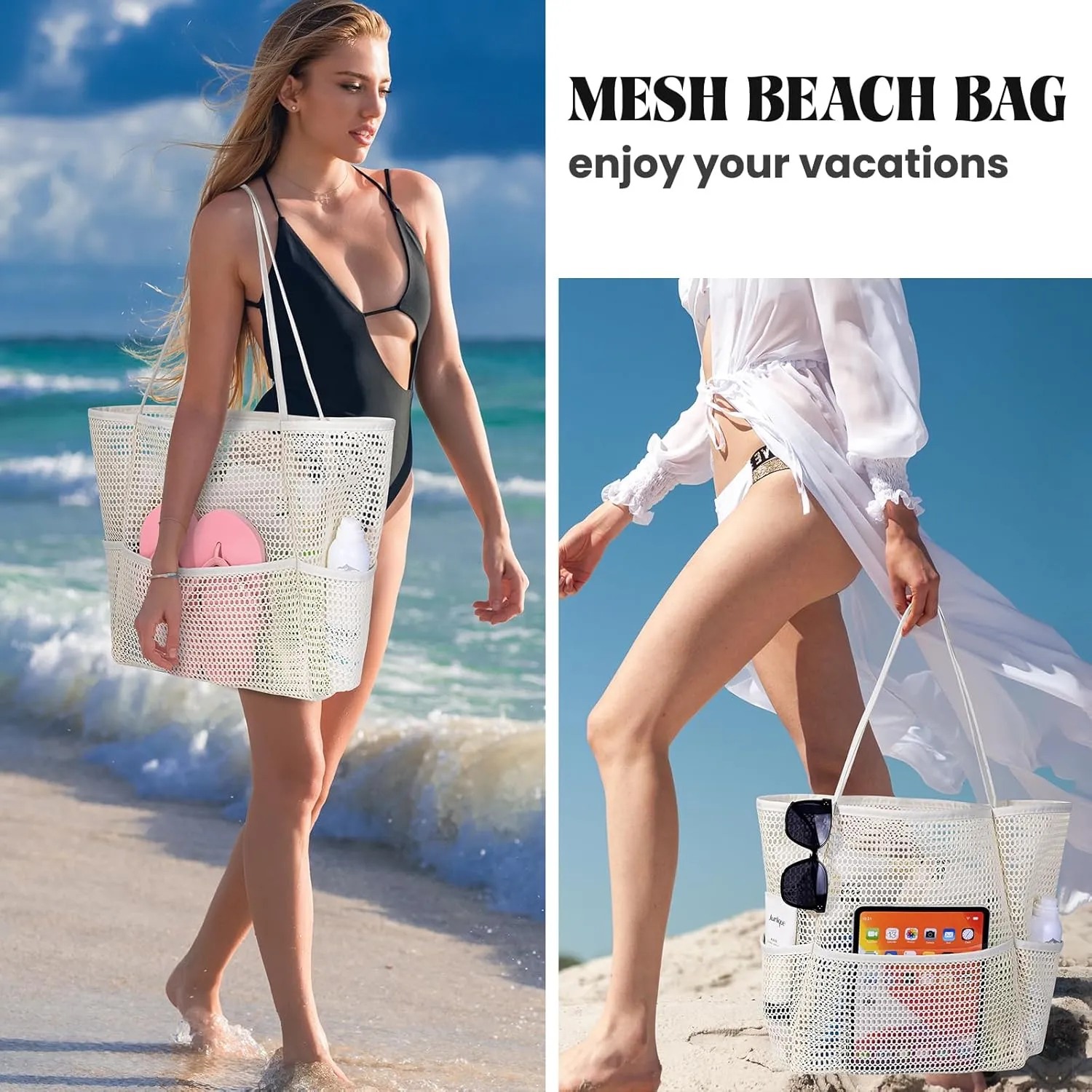Iioscre Mesh Beach Tote Bags for Womens, Causal Hobo Pool Bags for Swimming Pools Vacations Beach Essentials