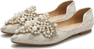 INEELUYI Women's Dress Shoes Lace Bowknot Pointed Toe Comfortable Flats Shoes Wedding Party