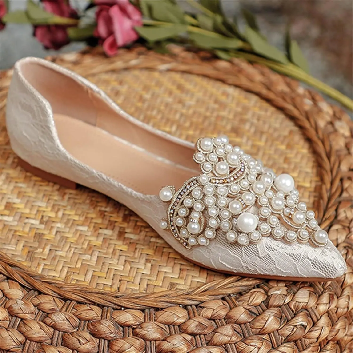 INEELUYI Women's Dress Shoes Lace Bowknot Pointed Toe Comfortable Flats Shoes Wedding Party