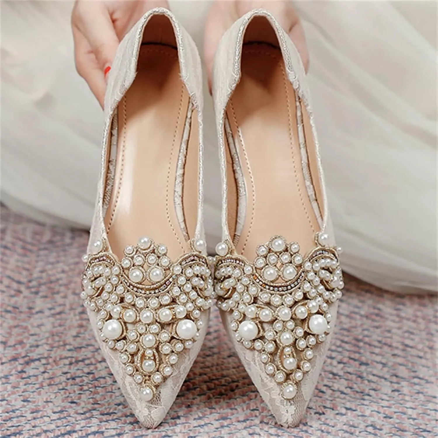 INEELUYI Women's Dress Shoes Lace Bowknot Pointed Toe Comfortable Flats Shoes Wedding Party