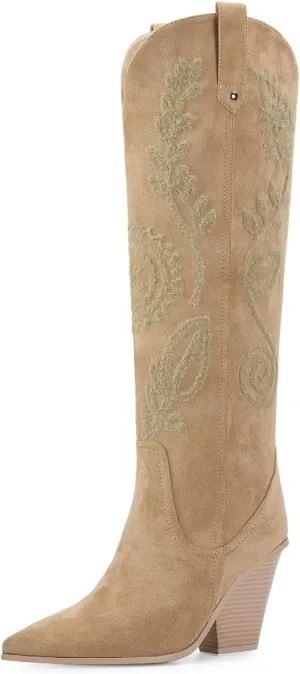 ISNOM Women's Western Knee High Cowboy Cowgirl Boots, Unique Fashion Embroidered Chunky Block Heels Pointed Toes Over Knee Boots