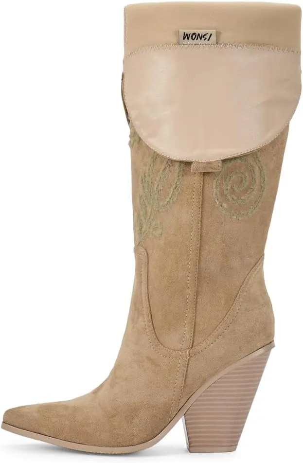 ISNOM Women's Western Knee High Cowboy Cowgirl Boots, Unique Fashion Embroidered Chunky Block Heels Pointed Toes Over Knee Boots