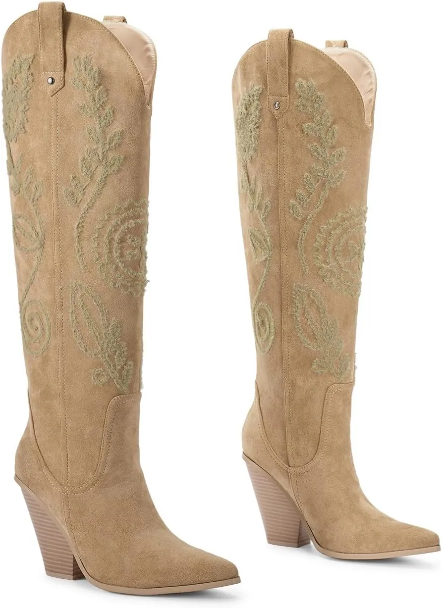 ISNOM Women's Western Knee High Cowboy Cowgirl Boots, Unique Fashion Embroidered Chunky Block Heels Pointed Toes Over Knee Boots