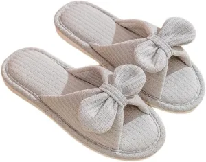 JadeRich Women's Open Toe Soft Linen Cotton Flat Slippers Bow Knot Cozy Breathable Slides Non-Slip Slide Slippers