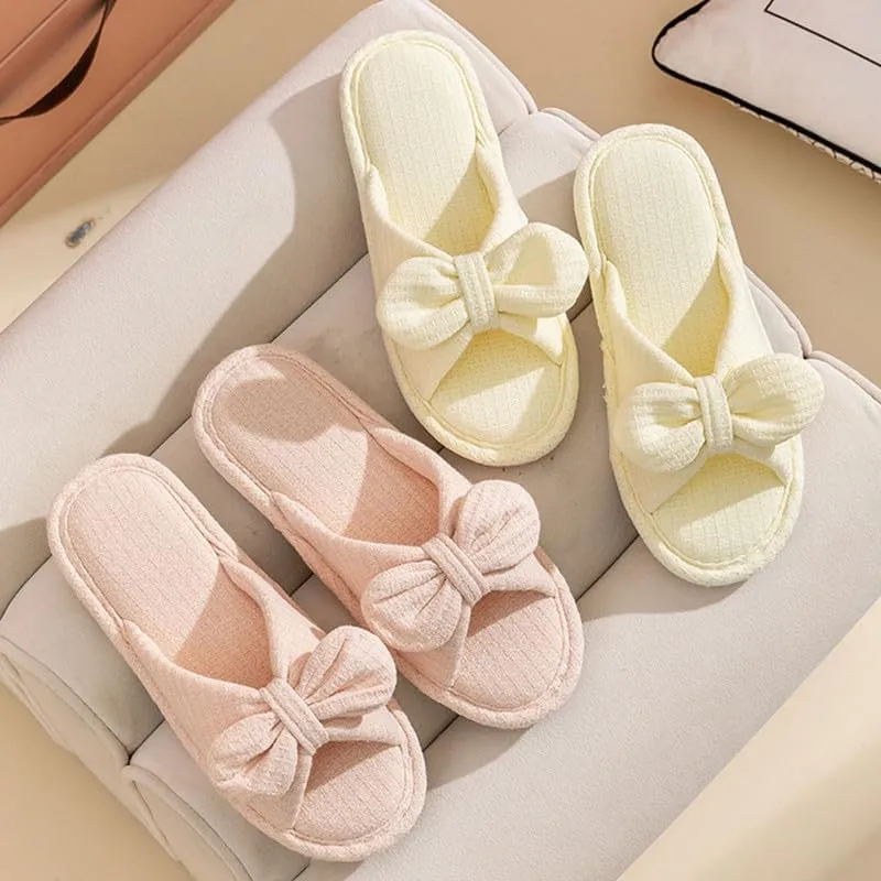 JadeRich Women's Open Toe Soft Linen Cotton Flat Slippers Bow Knot Cozy Breathable Slides Non-Slip Slide Slippers
