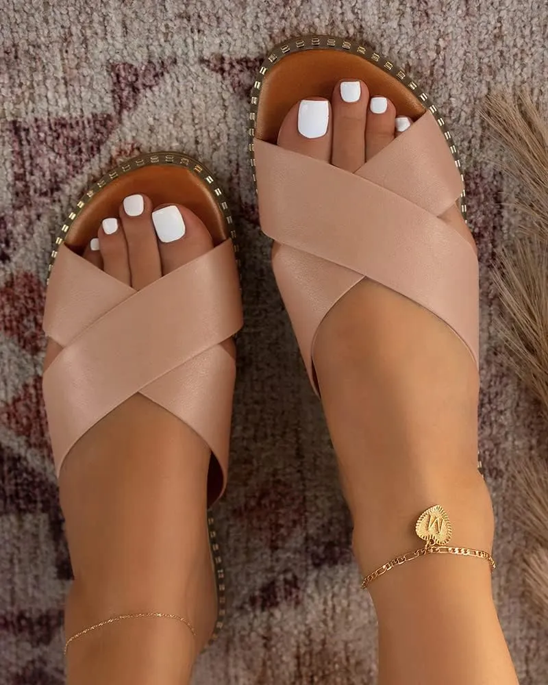 Jeimpoey Womens Studded Flat Sandals Open Toe Slip on Mule Slides Crossed Strap Slipper