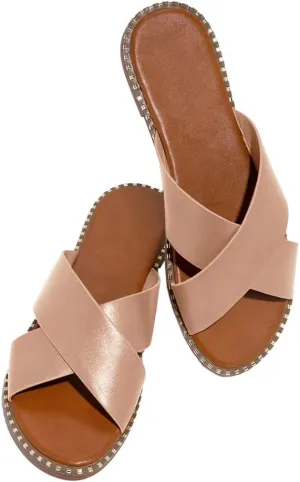 Jeimpoey Womens Studded Flat Sandals Open Toe Slip on Mule Slides Crossed Strap Slipper