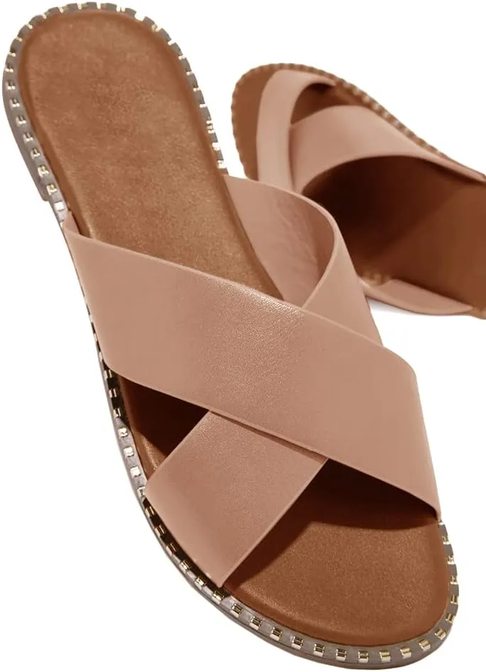Jeimpoey Womens Studded Flat Sandals Open Toe Slip on Mule Slides Crossed Strap Slipper