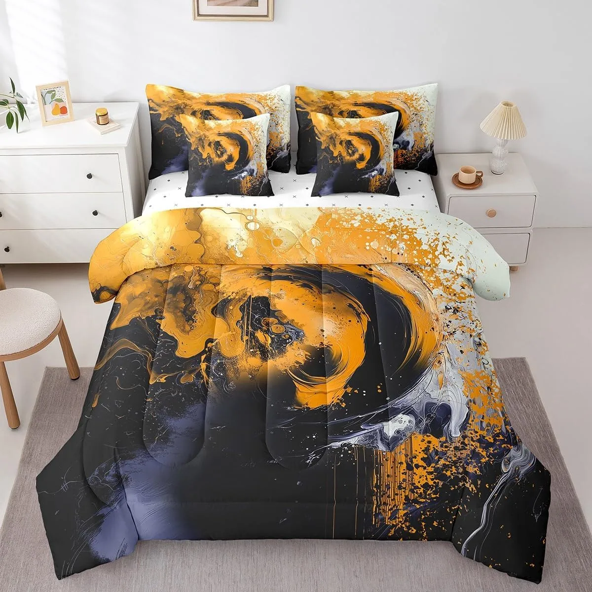 jejeloiu Lemon Yellow Comforter Set with Sheets Twin Size Kids Abstract Geometric 7 Piece Bedding Set All Season Teens Modern Art Bed in A Bag Breathable Soft Lightweight Geometry Room Decor
