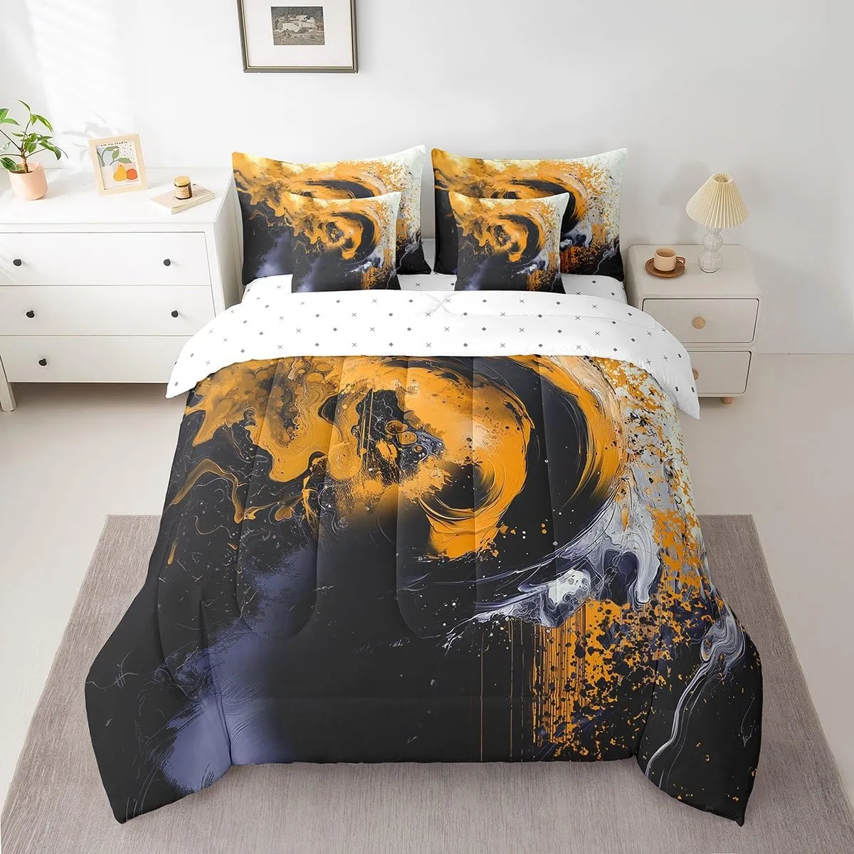 jejeloiu Lemon Yellow Comforter Set with Sheets Twin Size Kids Abstract Geometric 7 Piece Bedding Set All Season Teens Modern Art Bed in A Bag Breathable Soft Lightweight Geometry Room Decor