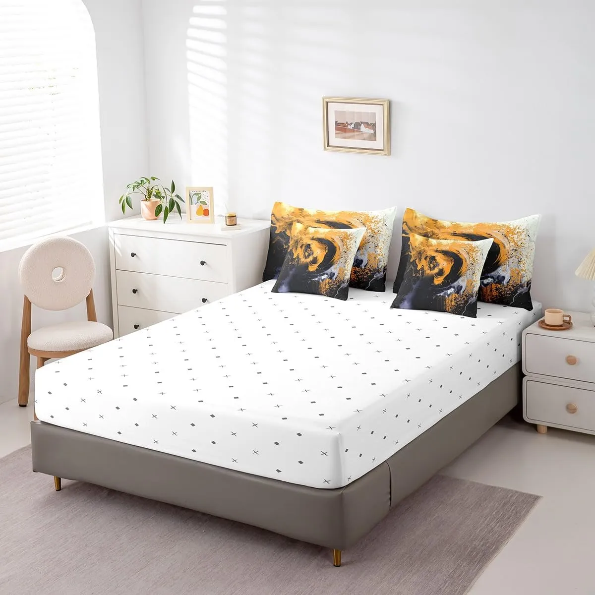 jejeloiu Lemon Yellow Comforter Set with Sheets Twin Size Kids Abstract Geometric 7 Piece Bedding Set All Season Teens Modern Art Bed in A Bag Breathable Soft Lightweight Geometry Room Decor