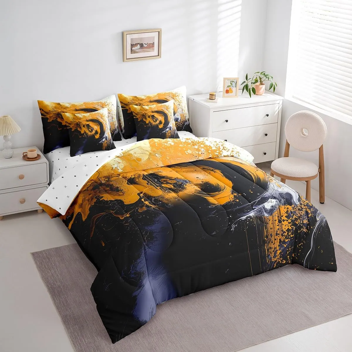 jejeloiu Lemon Yellow Comforter Set with Sheets Twin Size Kids Abstract Geometric 7 Piece Bedding Set All Season Teens Modern Art Bed in A Bag Breathable Soft Lightweight Geometry Room Decor