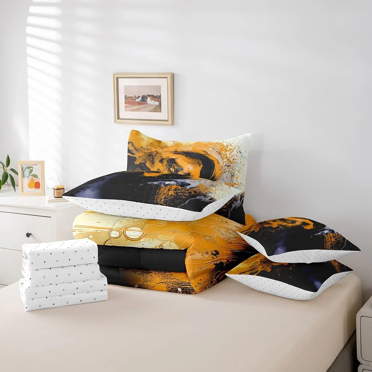 jejeloiu Lemon Yellow Comforter Set with Sheets Twin Size Kids Abstract Geometric 7 Piece Bedding Set All Season Teens Modern Art Bed in A Bag Breathable Soft Lightweight Geometry Room Decor