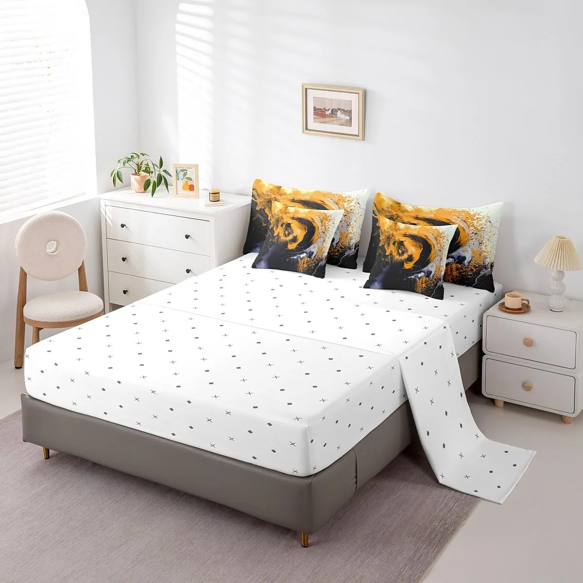 jejeloiu Lemon Yellow Comforter Set with Sheets Twin Size Kids Abstract Geometric 7 Piece Bedding Set All Season Teens Modern Art Bed in A Bag Breathable Soft Lightweight Geometry Room Decor