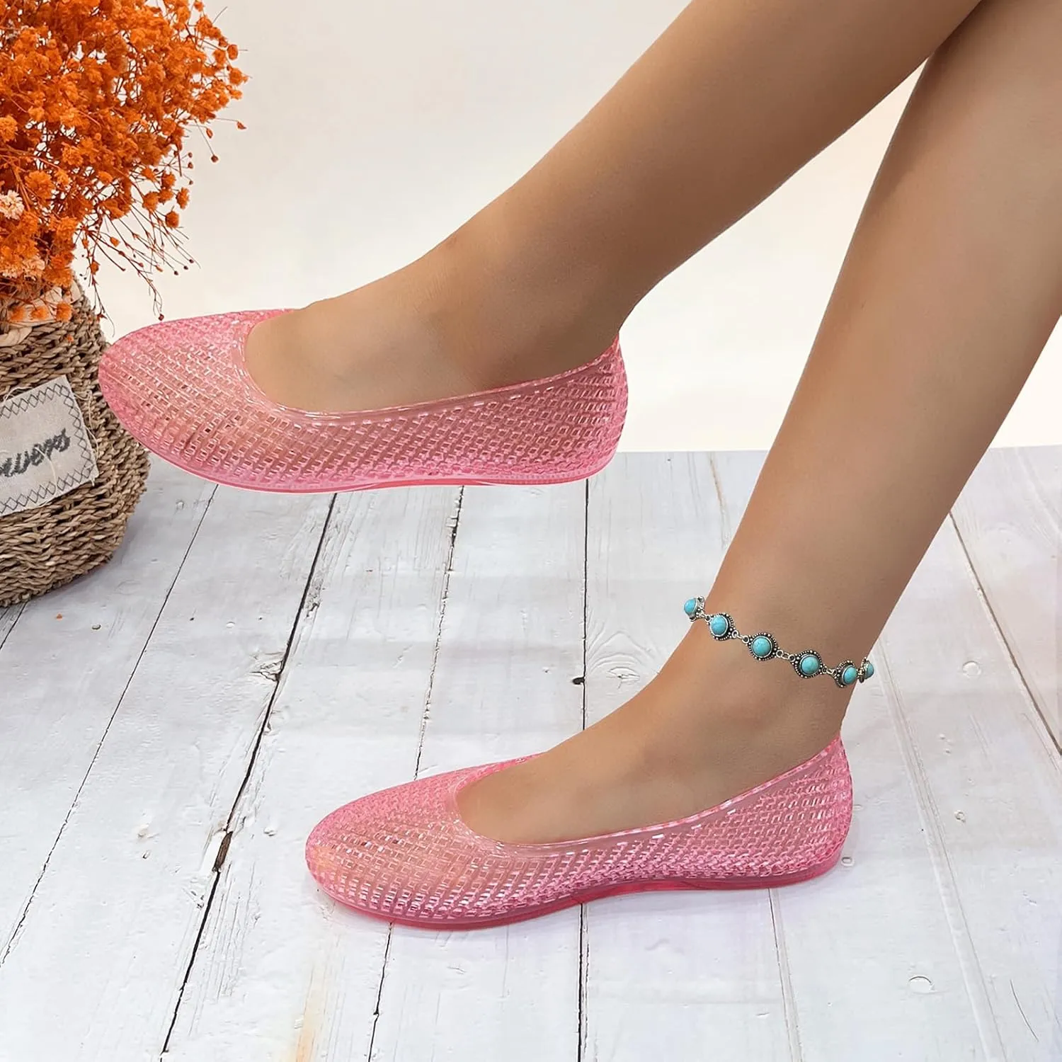 Jelly Mesh Ballet Flats for Women Clear Hollow Jellies Flat Sandals Round Toe Slip On Beach Flat Shoes