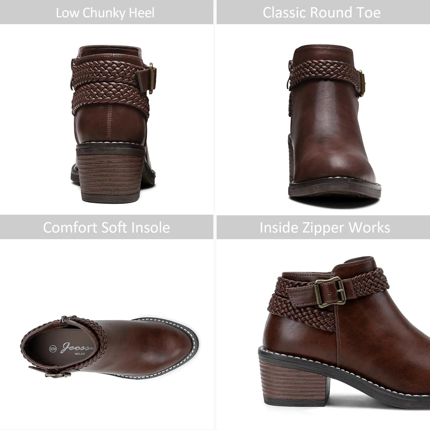 Jeossy Women's Ankle Boots, Low Heel Short Booties, Dress Fall Boots with Inner Zipper