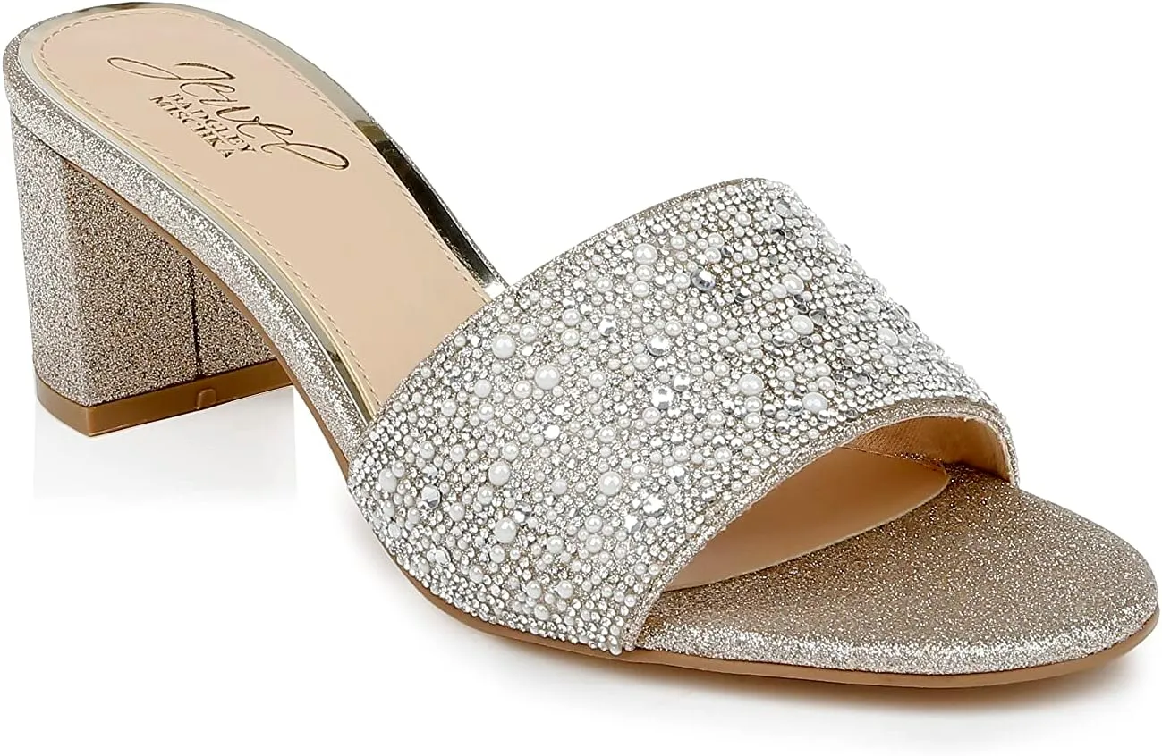Jewel Badgley Mischka Della Glitter Block Heel Mules