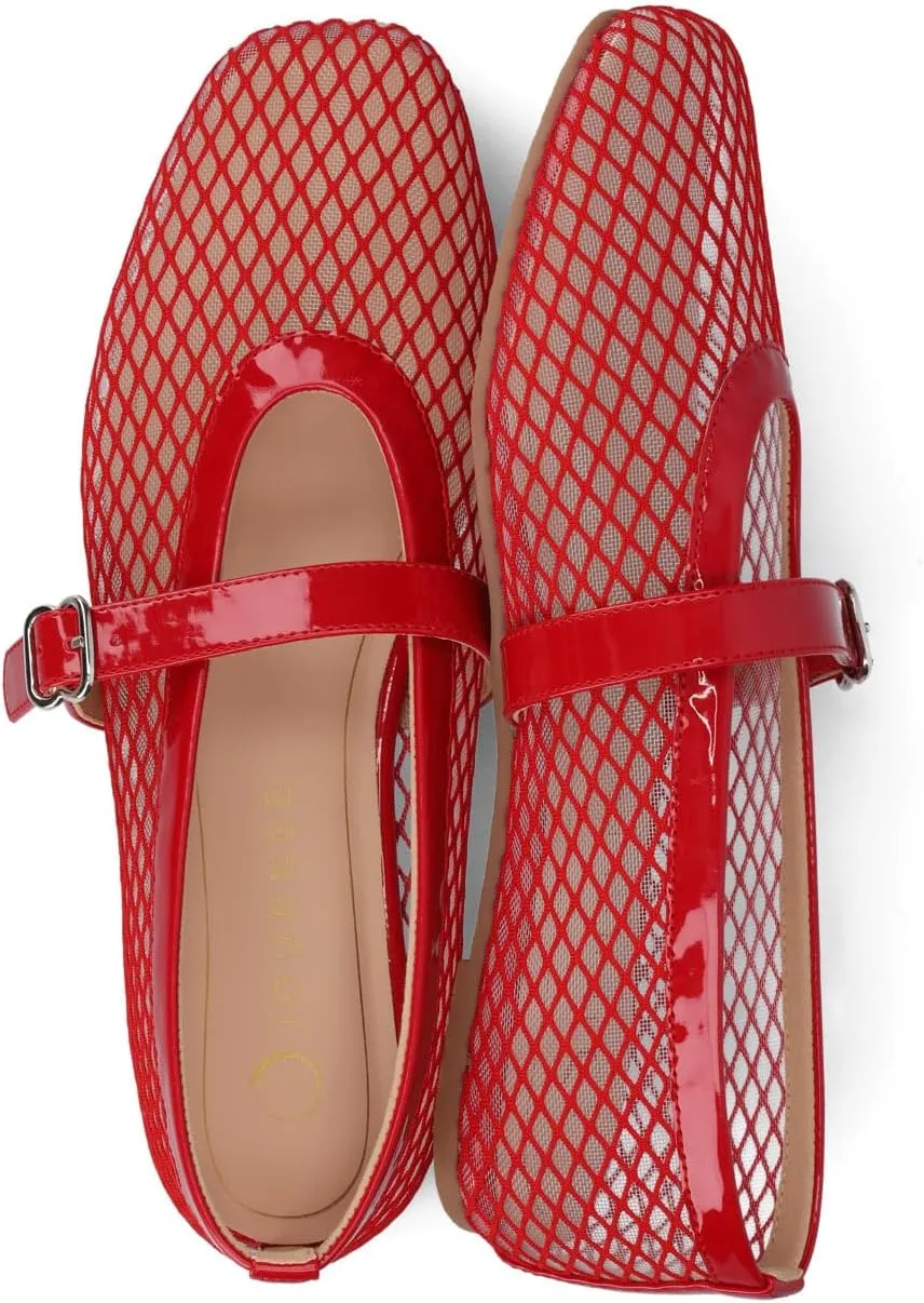 Journee Womens cushioned footbed Mesh Fabric Flats Flat Sole Casha Mary Jane Flats Buckle