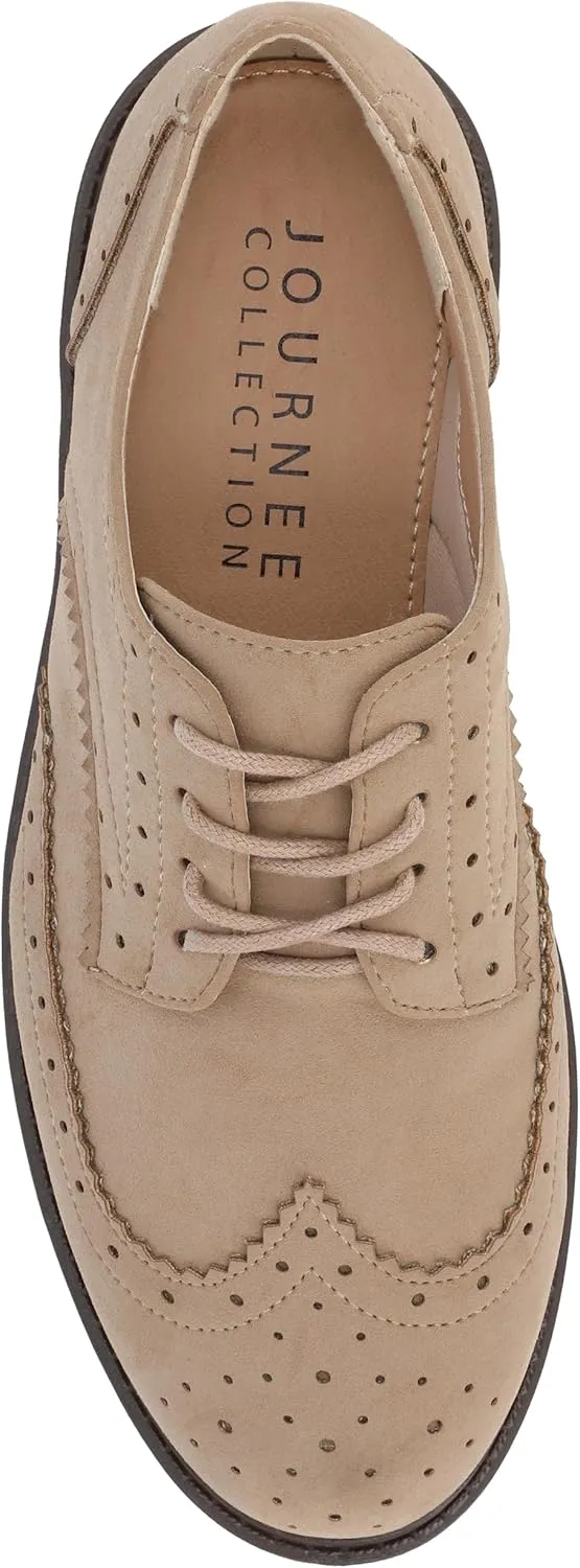 Journee Womens Cushioned footbeds Claudiya Oxford Flat Almond-Toe Faux Leather lace-up