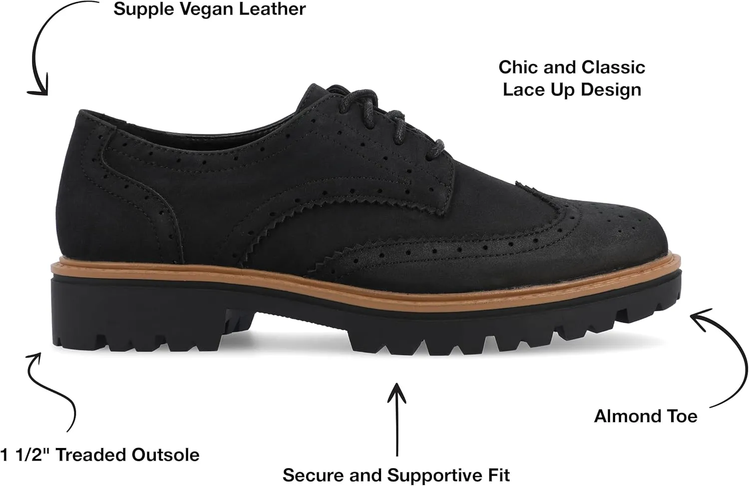 Journee Womens Cushioned footbeds Claudiya Oxford Flat Almond-Toe Faux Leather lace-up