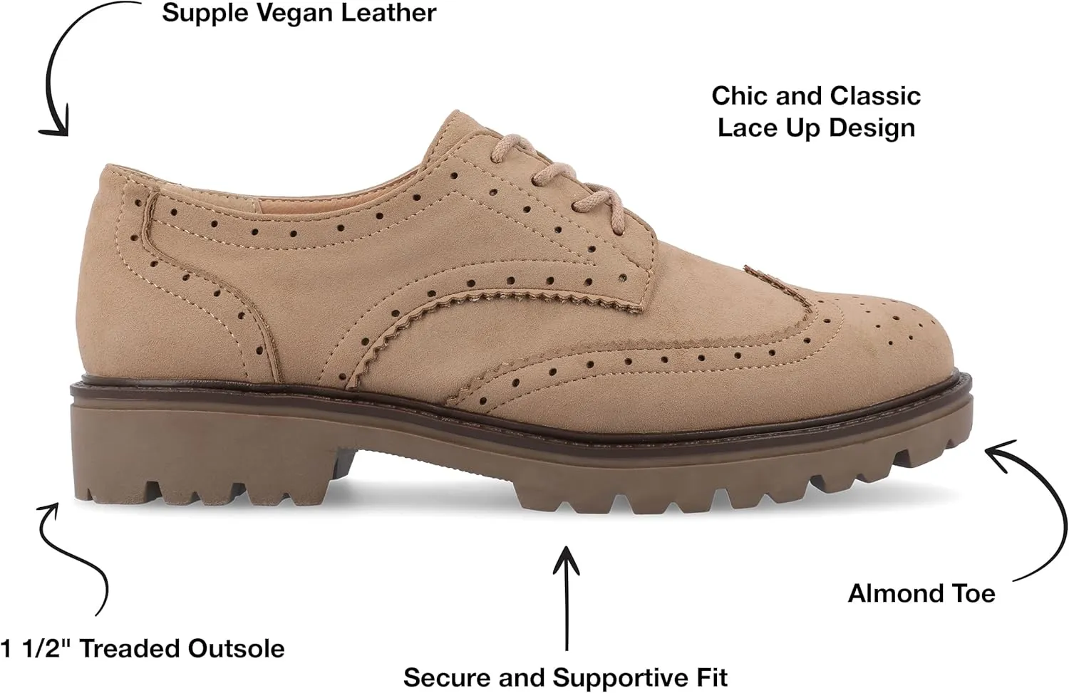 Journee Womens Cushioned footbeds Claudiya Oxford Flat Almond-Toe Faux Leather lace-up