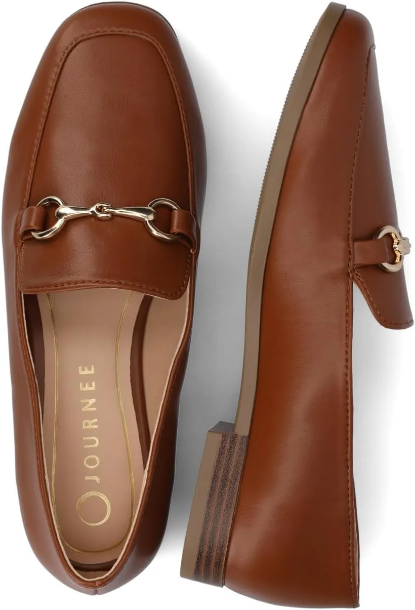 Journee Womens cushioned footbeds Lacie Slip On Loafer square toe hardware detail faux leather flat sole